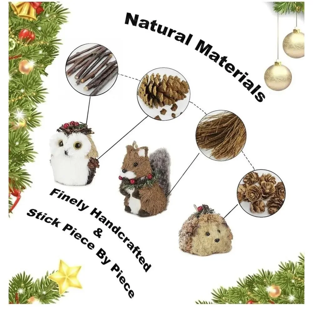 Sisal Woodland Animals Christmas Ornaments Set of 6 Rustic Forest Decor